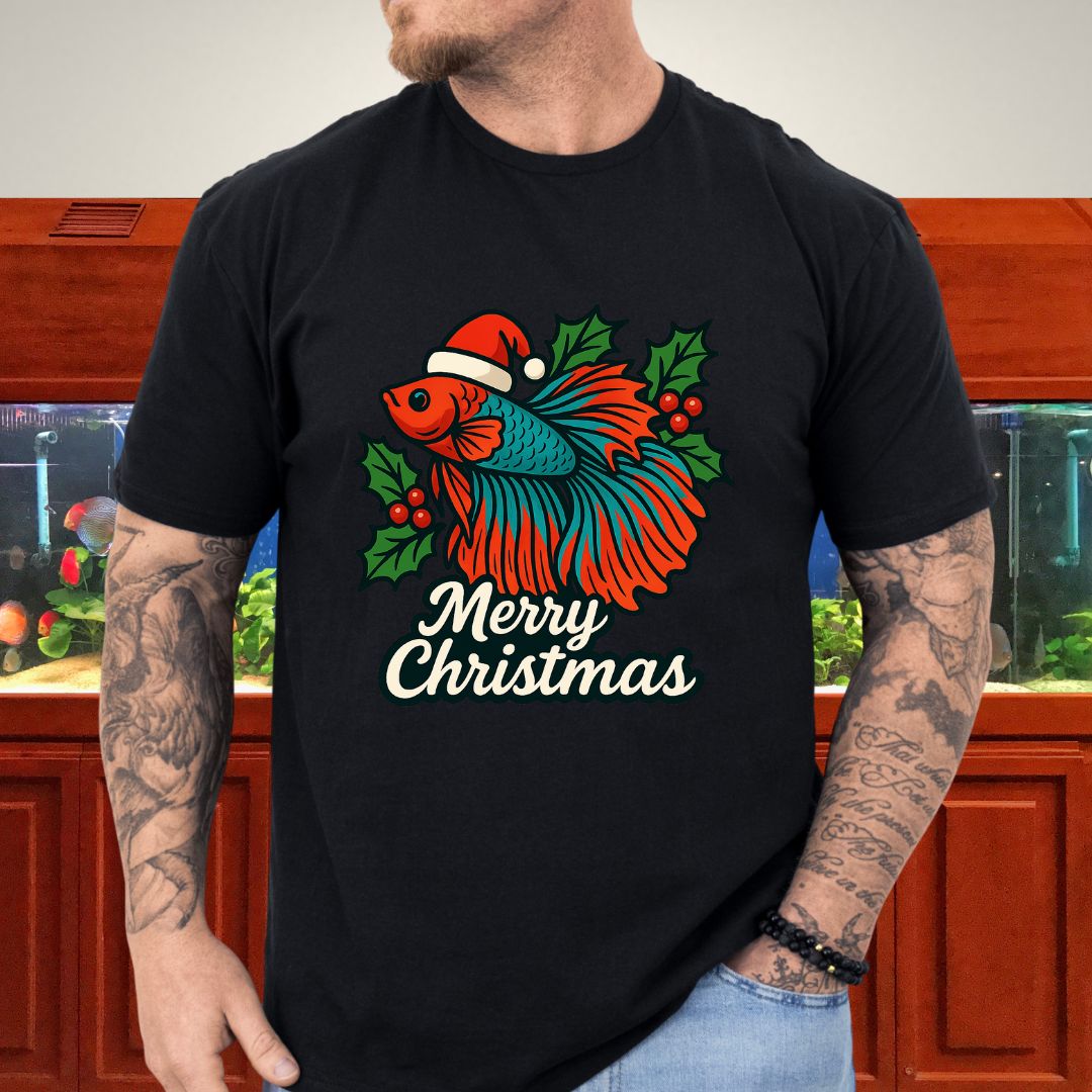 Festive Betta Fish Holiday Tee – Santa Hat & Holly Design-T-Shirt-Fish & Friends Tees