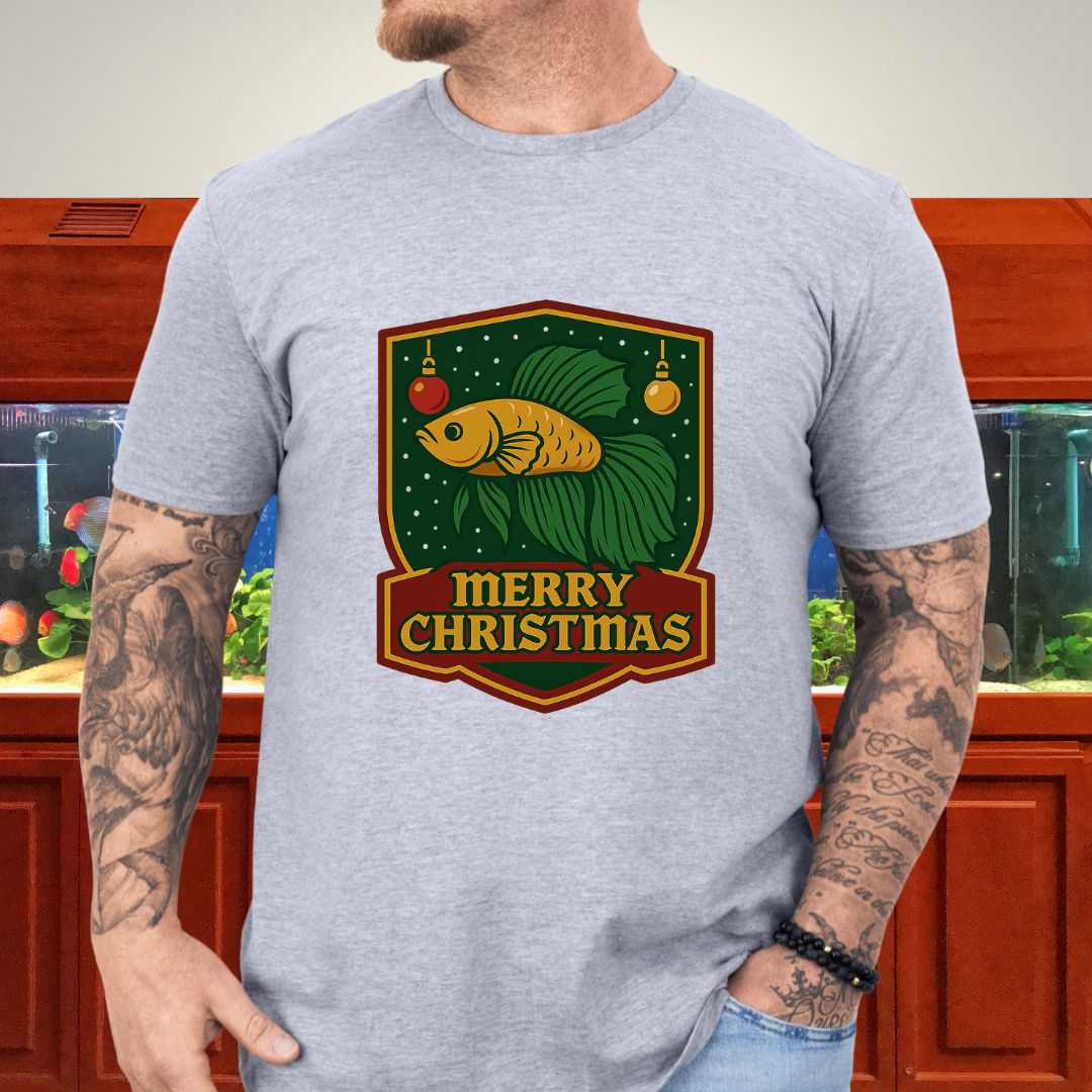 Christmas Betta Shield Tee – Bold Holiday Emblem Design-T-Shirt-Fish & Friends Tees