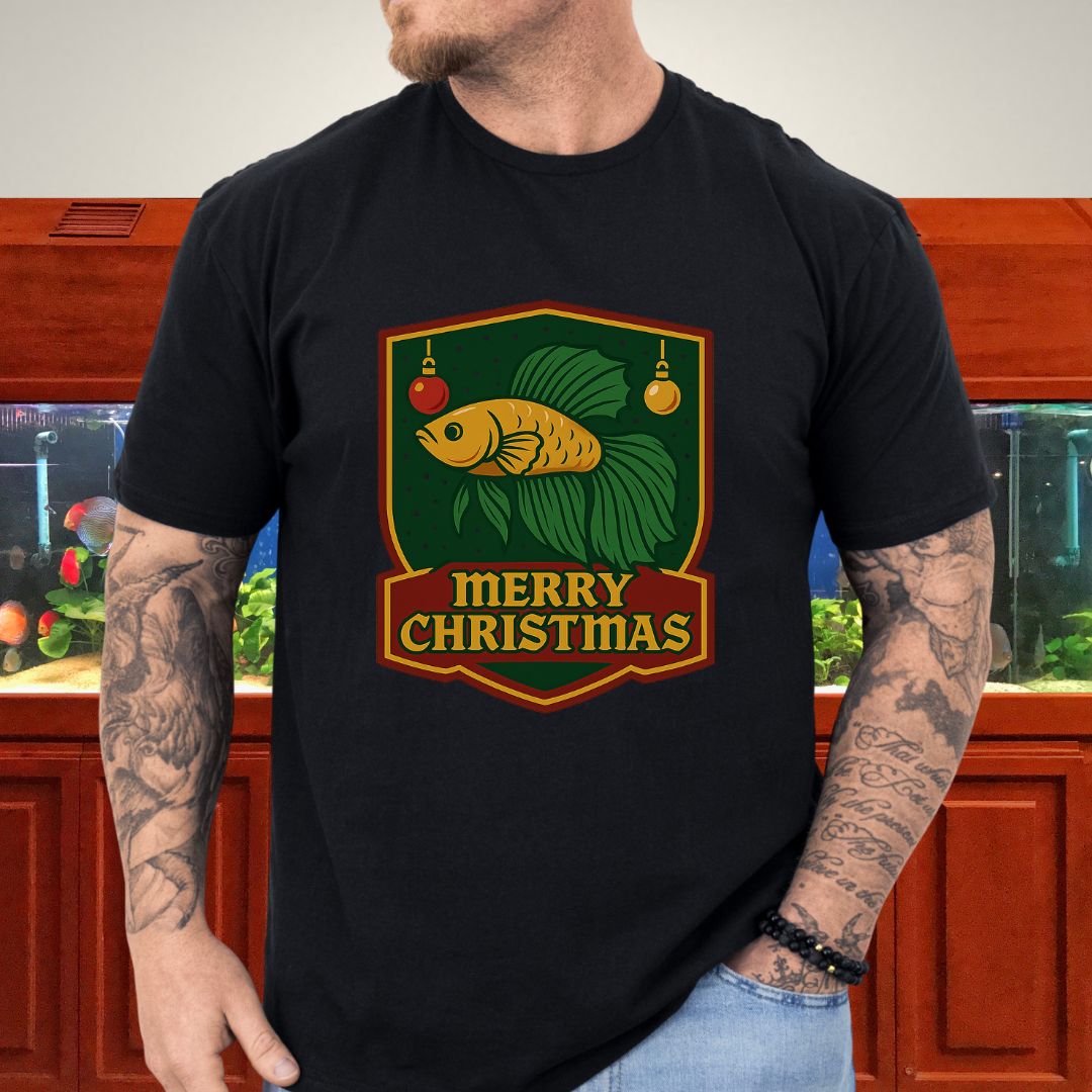 Christmas Betta Shield Tee – Bold Holiday Emblem Design-T-Shirt-Fish & Friends Tees
