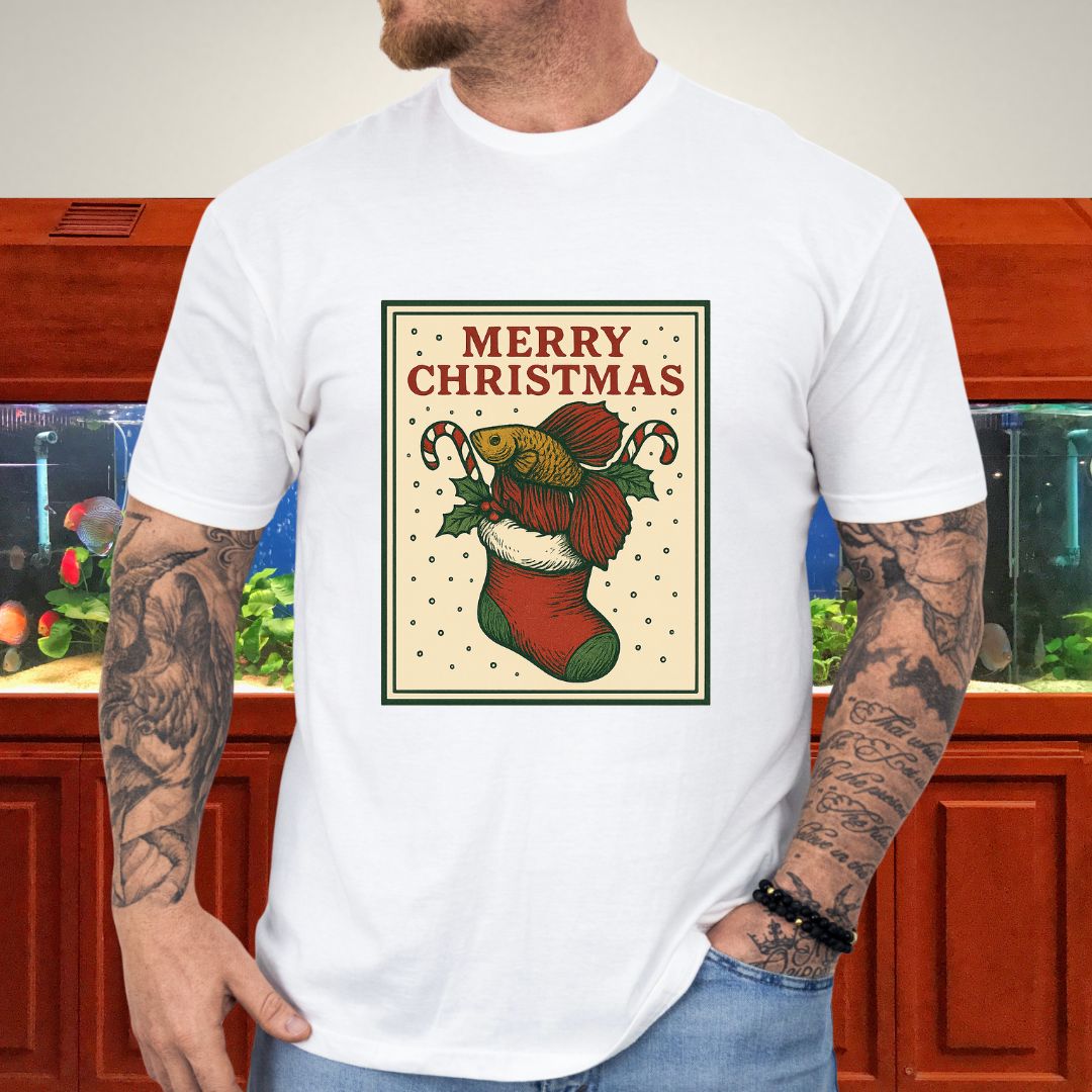 Christmas Stocking Betta Fish Tee – Hand-Sketched Holiday Card Design-T-Shirt-Fish & Friends Tees
