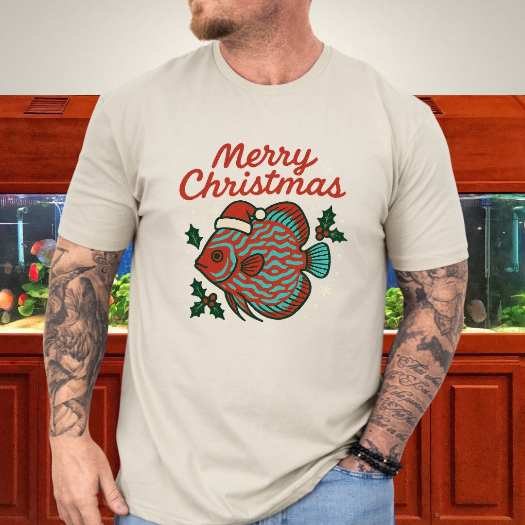 Festive Discus Fish Christmas Tee – Santa Hat & Holly Design-T-Shirt-Fish & Friends Tees