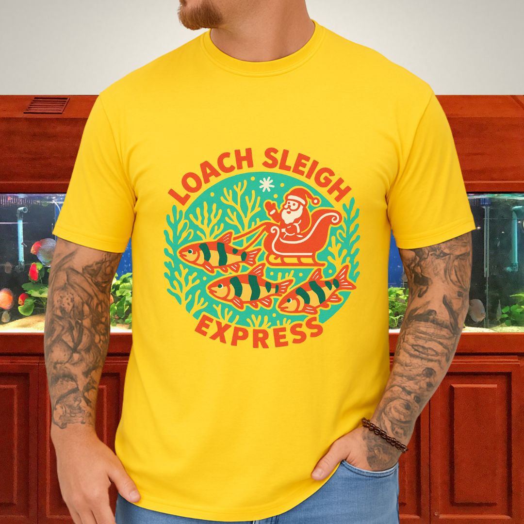 Loach Sleigh Express Tee – Retro Cartoon Clown Loach Christmas Shirt