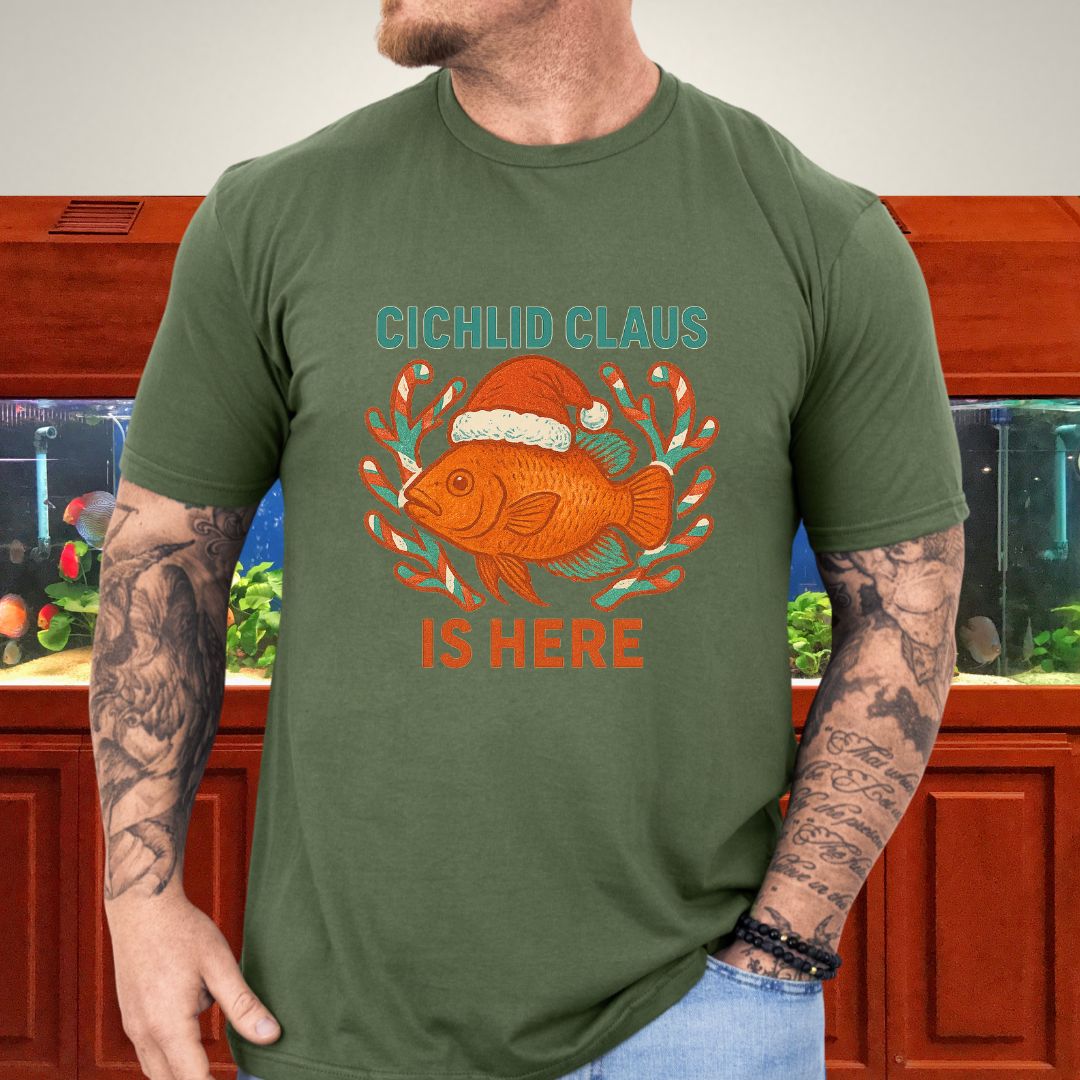 Cichlid Claus is Here Tee – Funny Santa Hat Cichlid Christmas Shirt-T-Shirt-Fish & Friends Tees