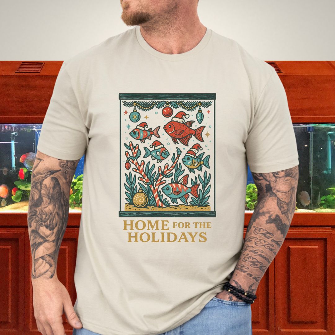 Home for the Holidays Aquarium Tee – Retro Christmas Fish Shirt
