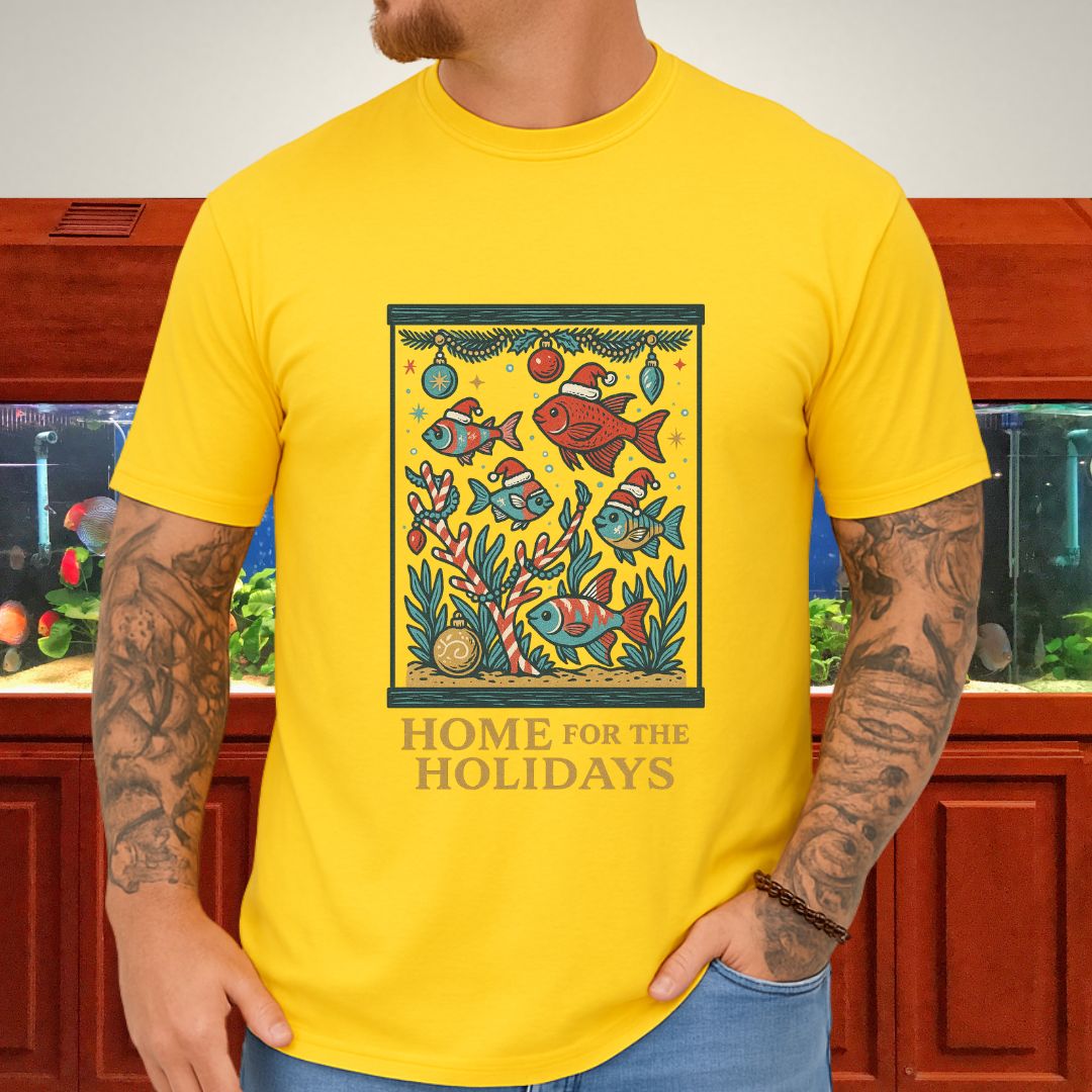 Home for the Holidays Aquarium Tee – Retro Christmas Fish Shirt