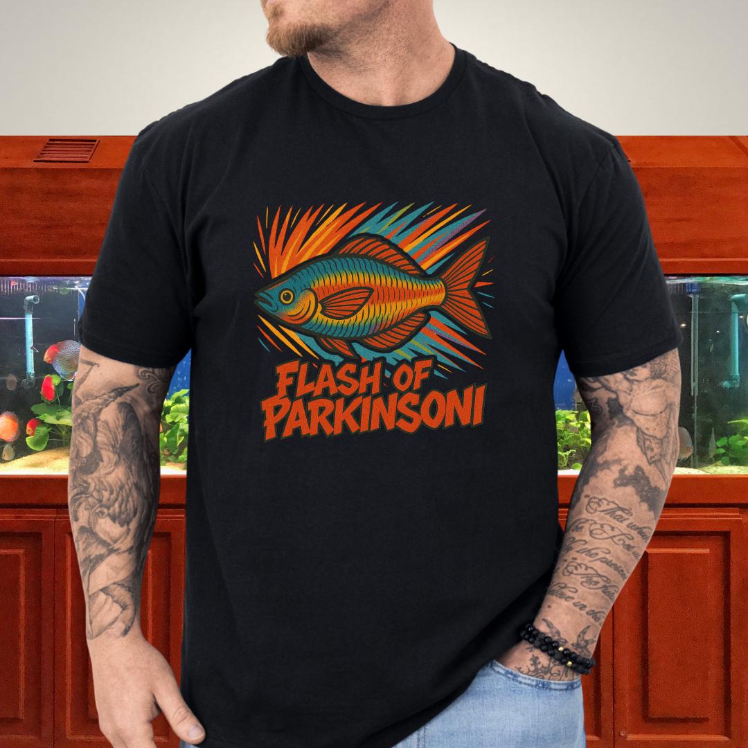 Flash of Parkinsoni T-Shirt – Rainbowfish Explosion Graffiti Design for Tropical Aquarium Fans