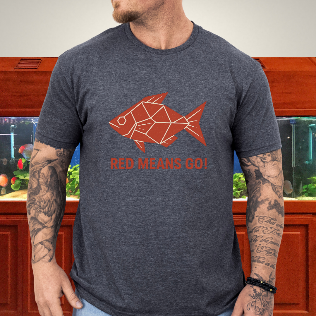 Red Rainbowfish Tee – Geometric “Red Means Go!” Design