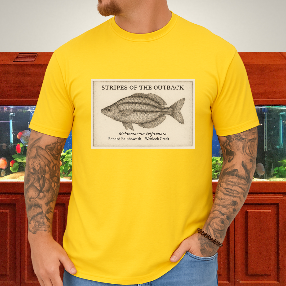 Stripes of the Outback Tee – Banded Rainbowfish Engraving