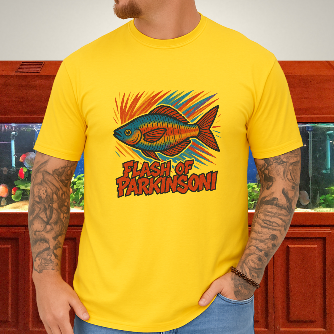 Flash of Parkinsoni T-Shirt – Rainbowfish Explosion Graffiti Design for Tropical Aquarium Fans