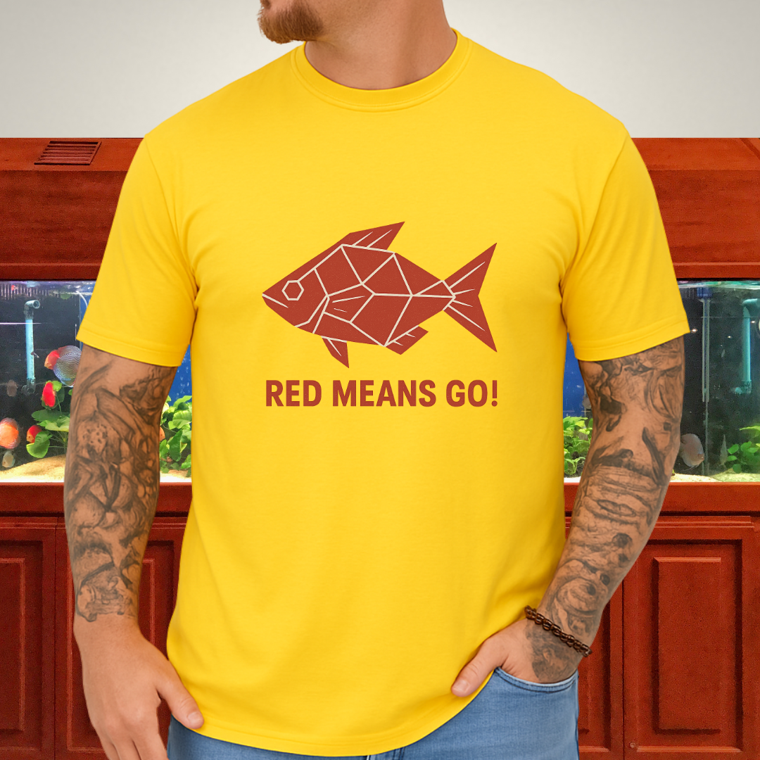 Red Rainbowfish Tee – Geometric “Red Means Go!” Design