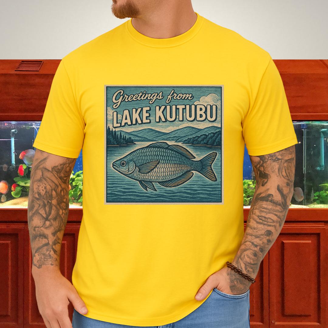 Greetings from Lake Kutubu Tee – Rainbowfish Woodcut