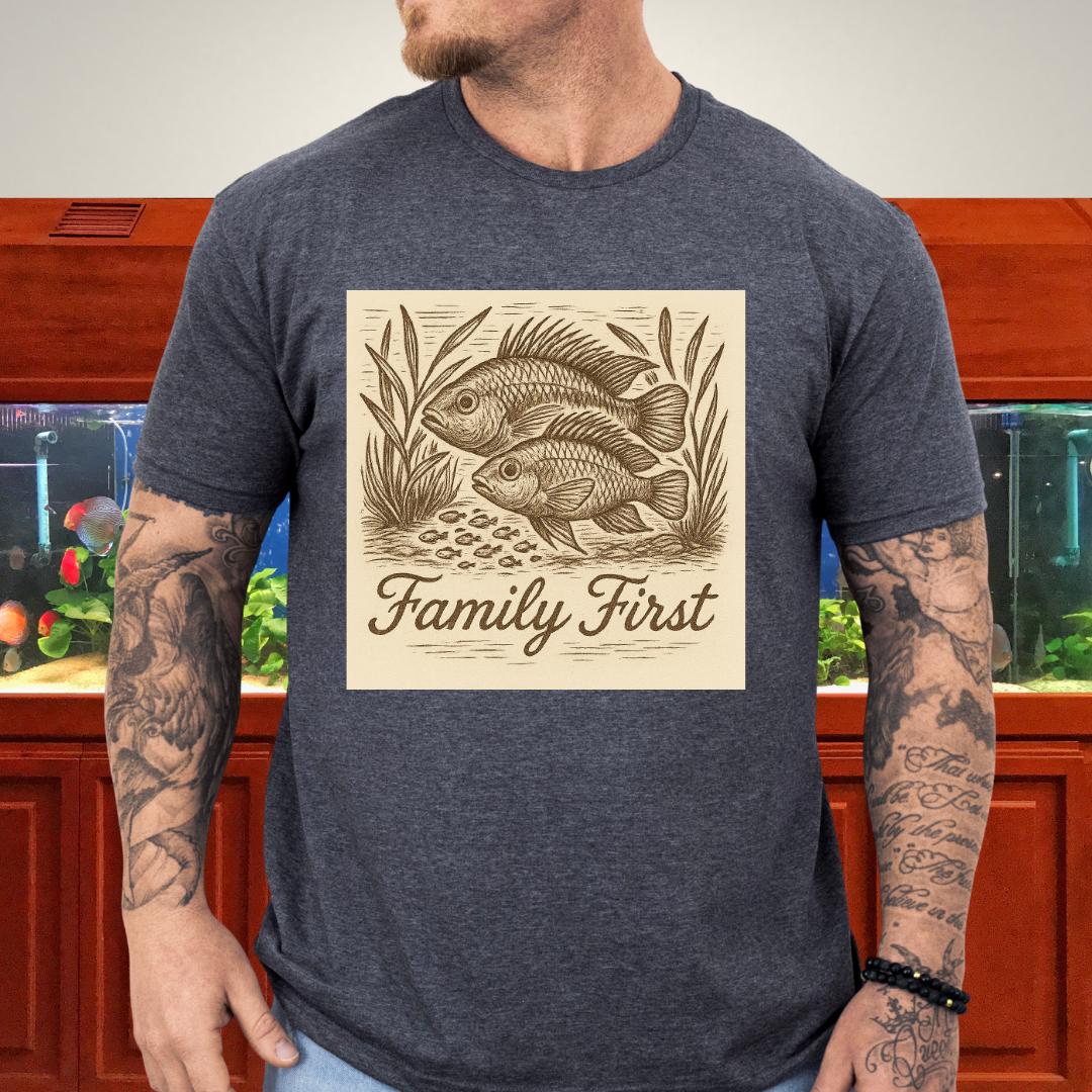 Family First Tee – Apistogramma Pair with Fry Nature Woodcut-T-Shirt-Fish & Friends Tees