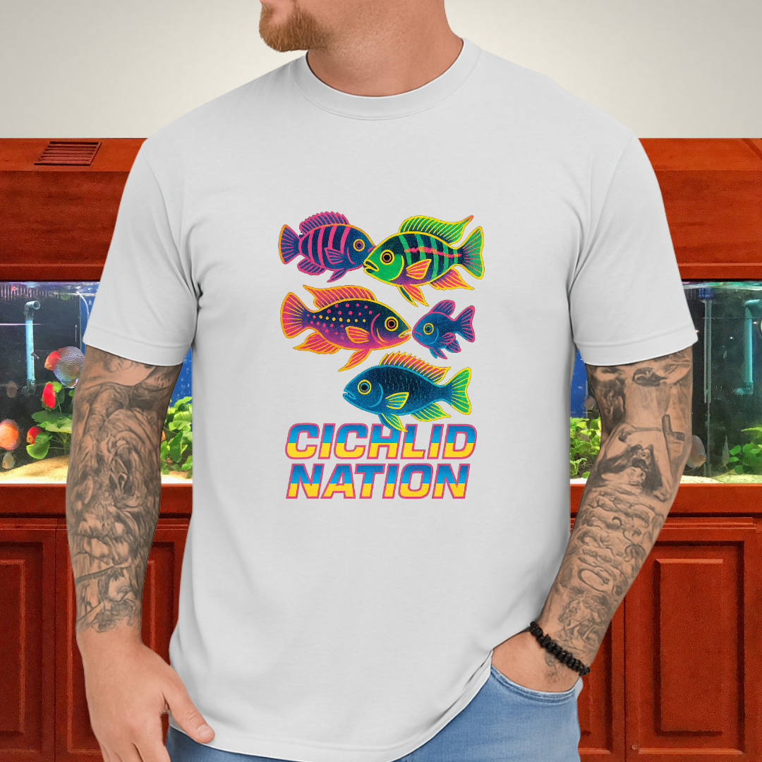 Cichlid Nation Tee – Neon 90s Arcade Aquarium Design