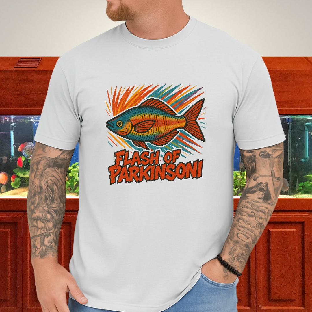 Flash of Parkinsoni T-Shirt – Rainbowfish Explosion Graffiti Design for Tropical Aquarium Fans