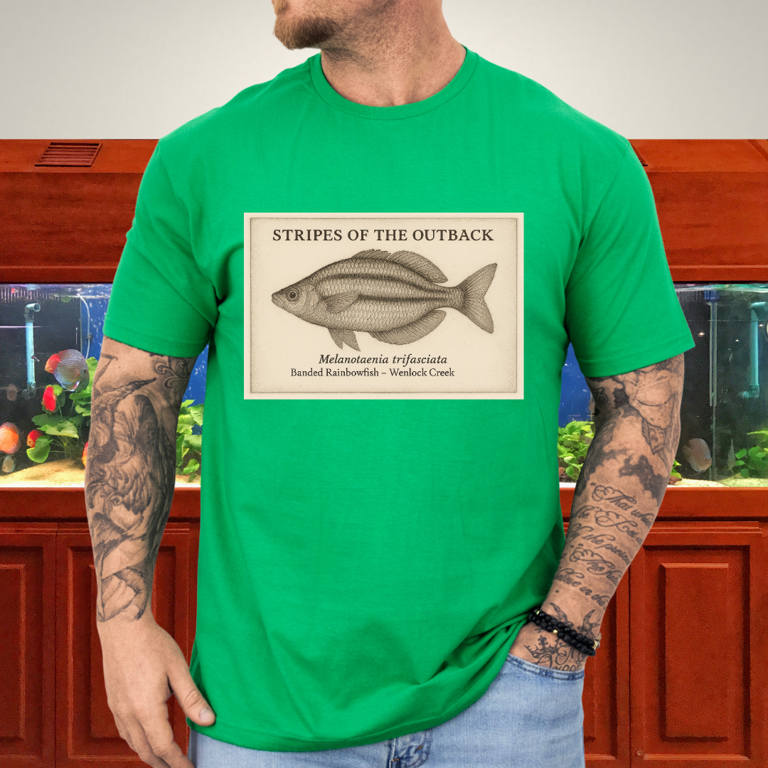 Stripes of the Outback Tee – Banded Rainbowfish Engraving