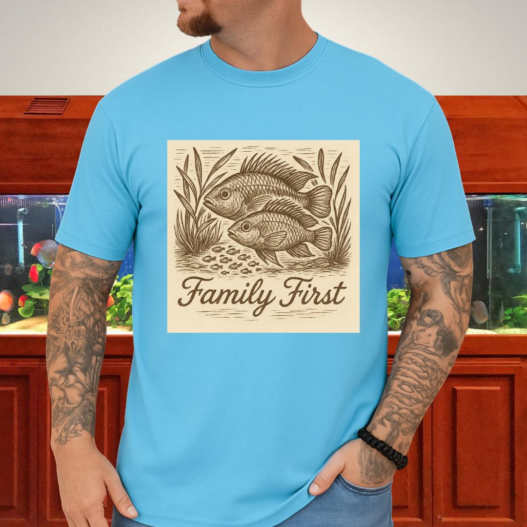 Family First Tee – Apistogramma Pair with Fry Nature Woodcut-T-Shirt-Fish & Friends Tees