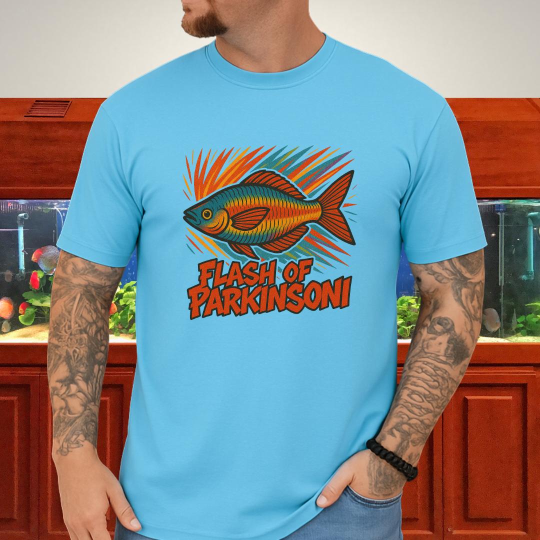 Flash of Parkinsoni T-Shirt – Rainbowfish Explosion Graffiti Design for Tropical Aquarium Fans