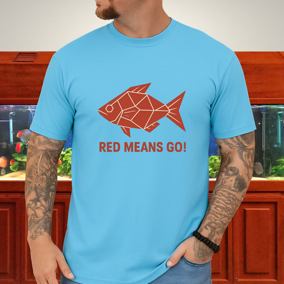 Red Rainbowfish Tee – Geometric “Red Means Go!” Design