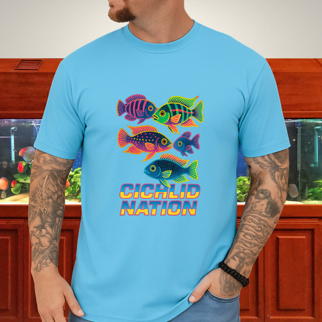 Cichlid Nation Tee – Neon 90s Arcade Aquarium Design
