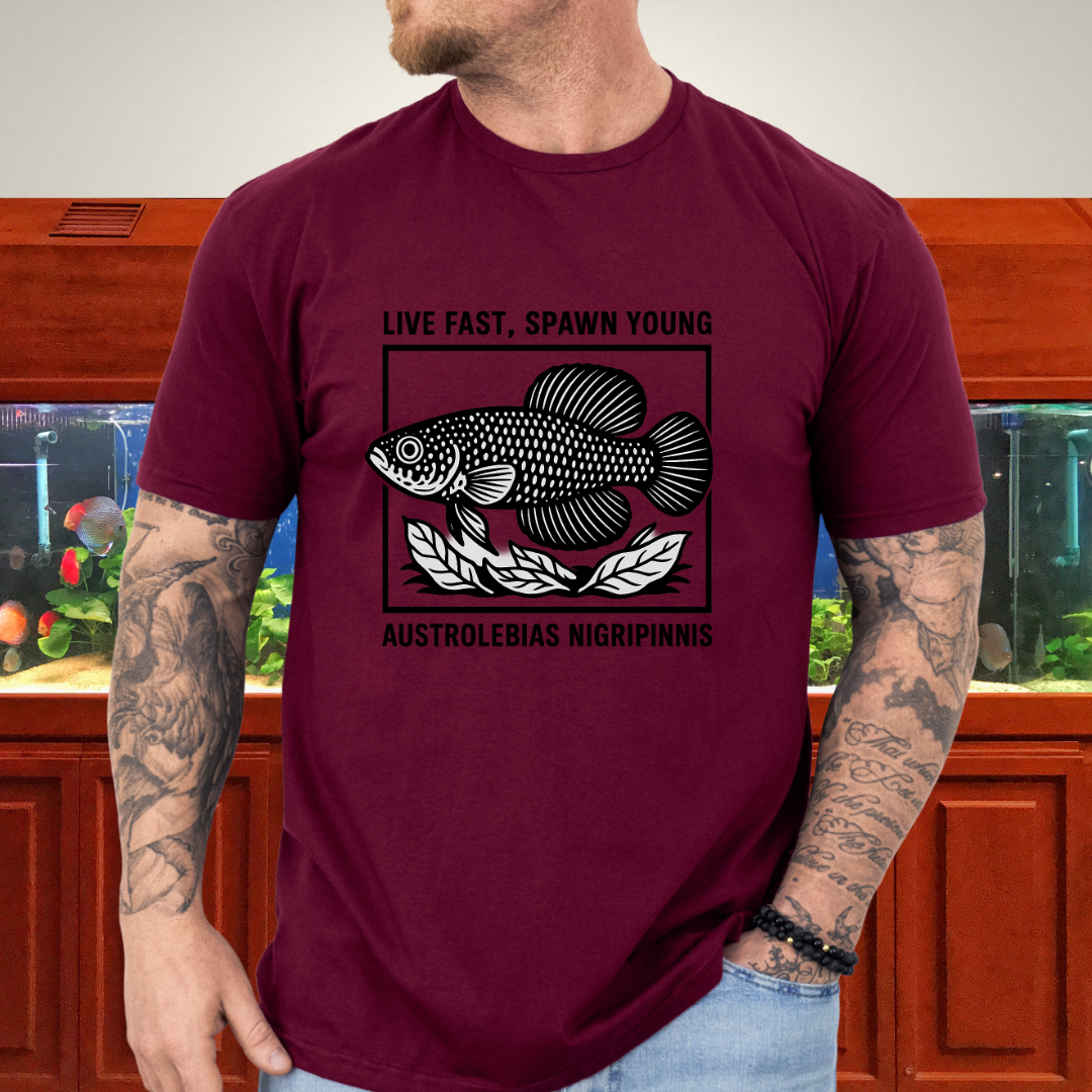 Live Fast, Spawn Young Tee – Austrolebias Killifish Design