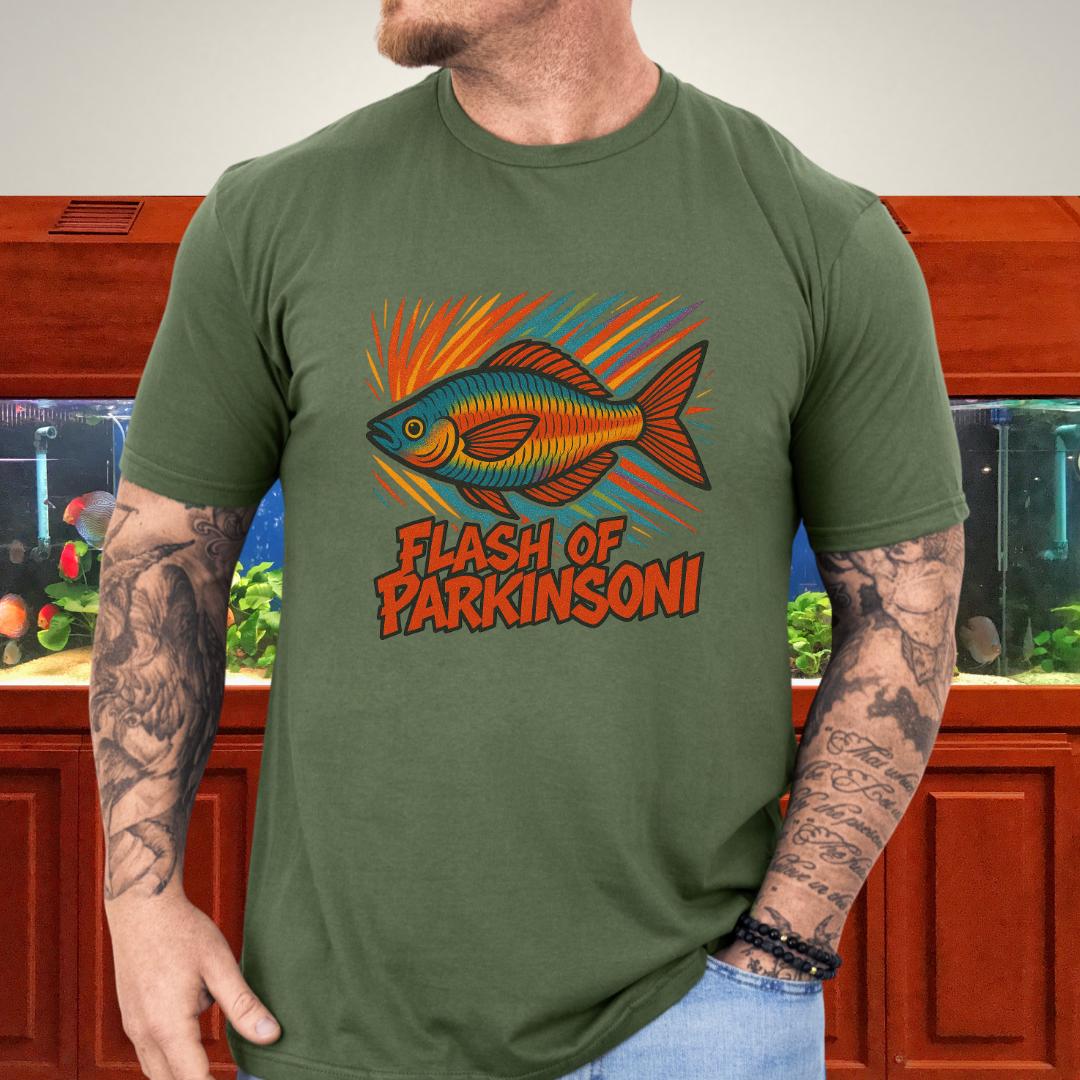 Flash of Parkinsoni T-Shirt – Rainbowfish Explosion Graffiti Design for Tropical Aquarium Fans