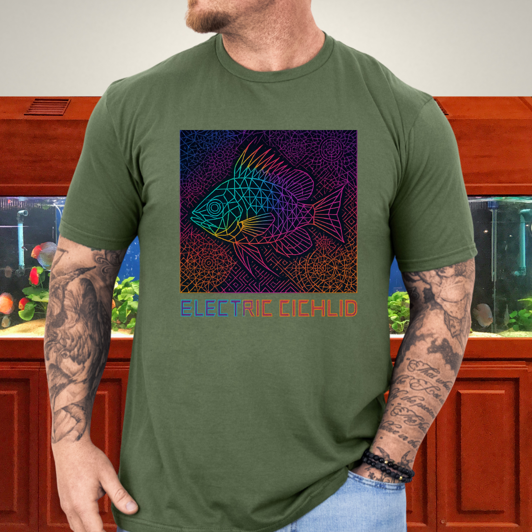 Electric Cichlid Tee – Neon German Blue Ram Geometric Design