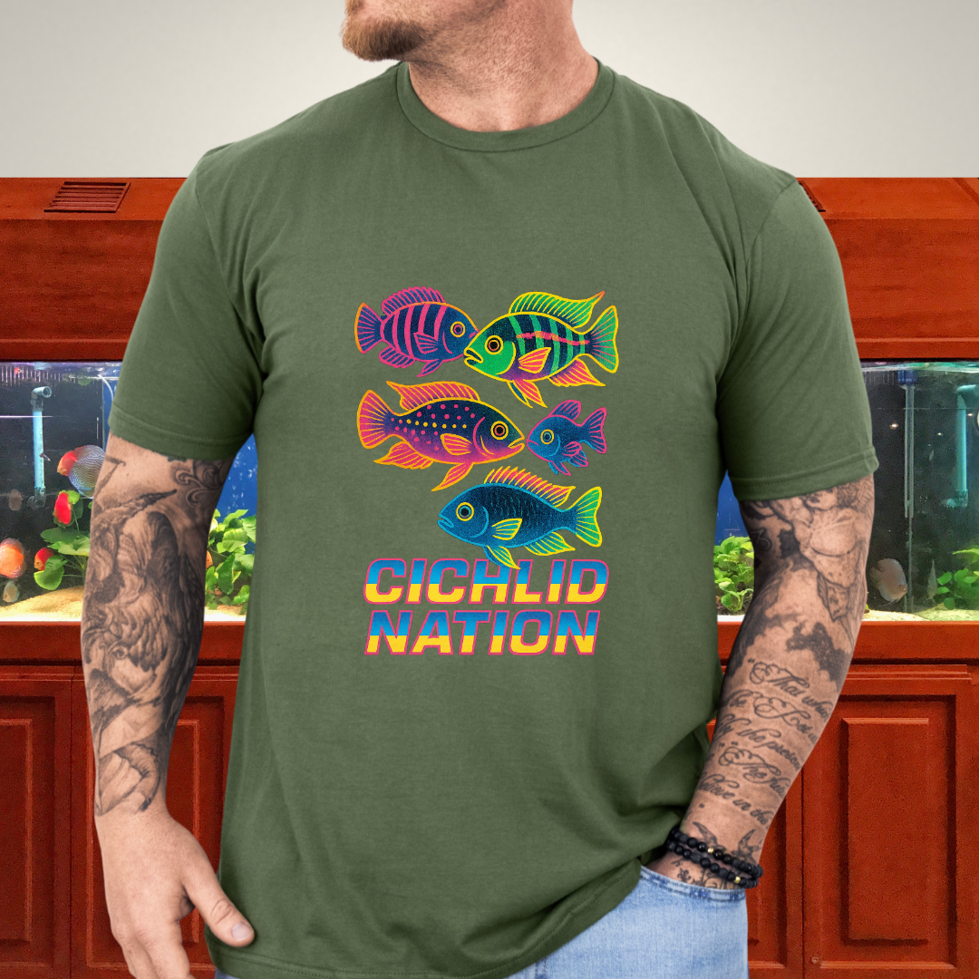 Cichlid Nation Tee – Neon 90s Arcade Aquarium Design