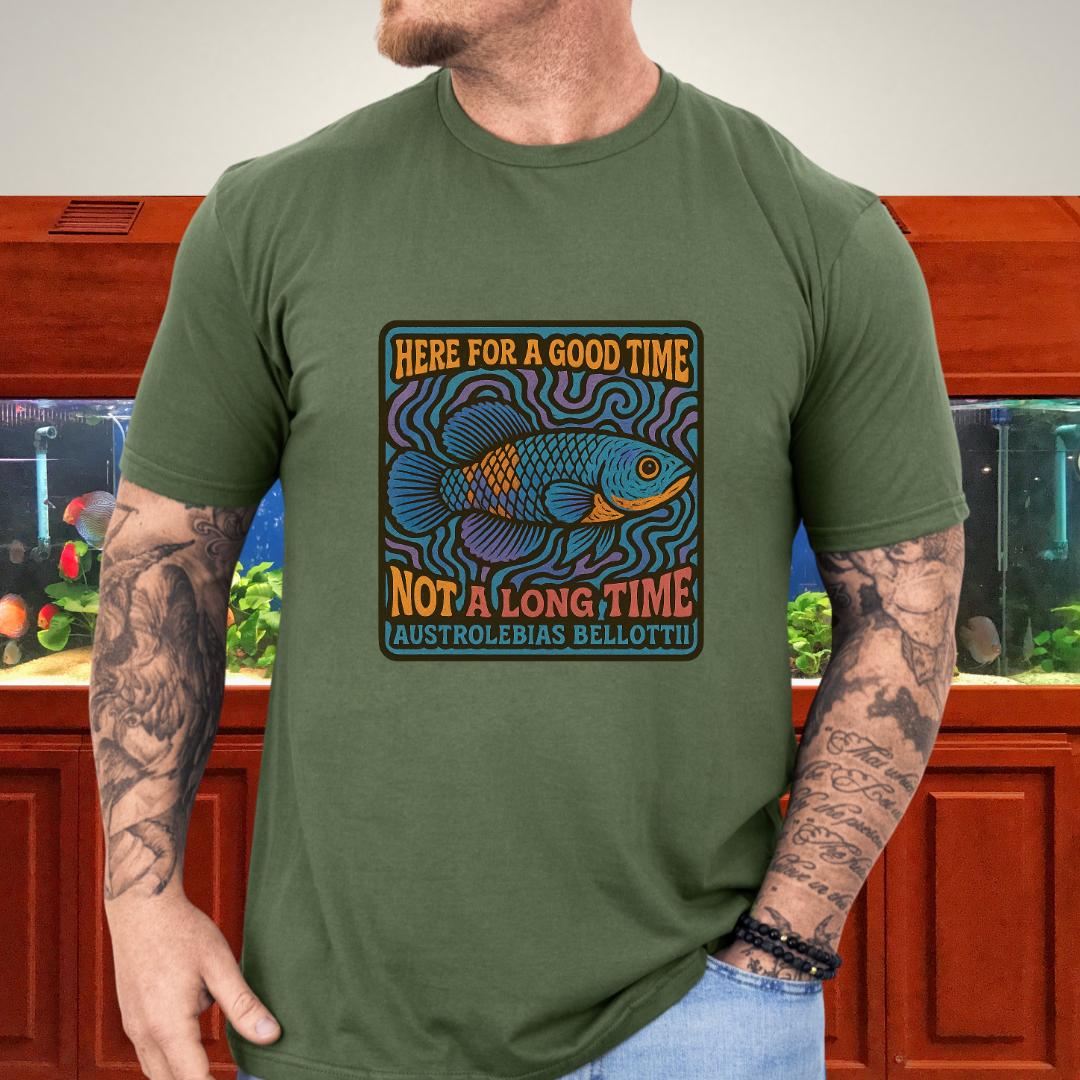 Here for a Good Time Tee – Psychedelic Bellottii Killifish