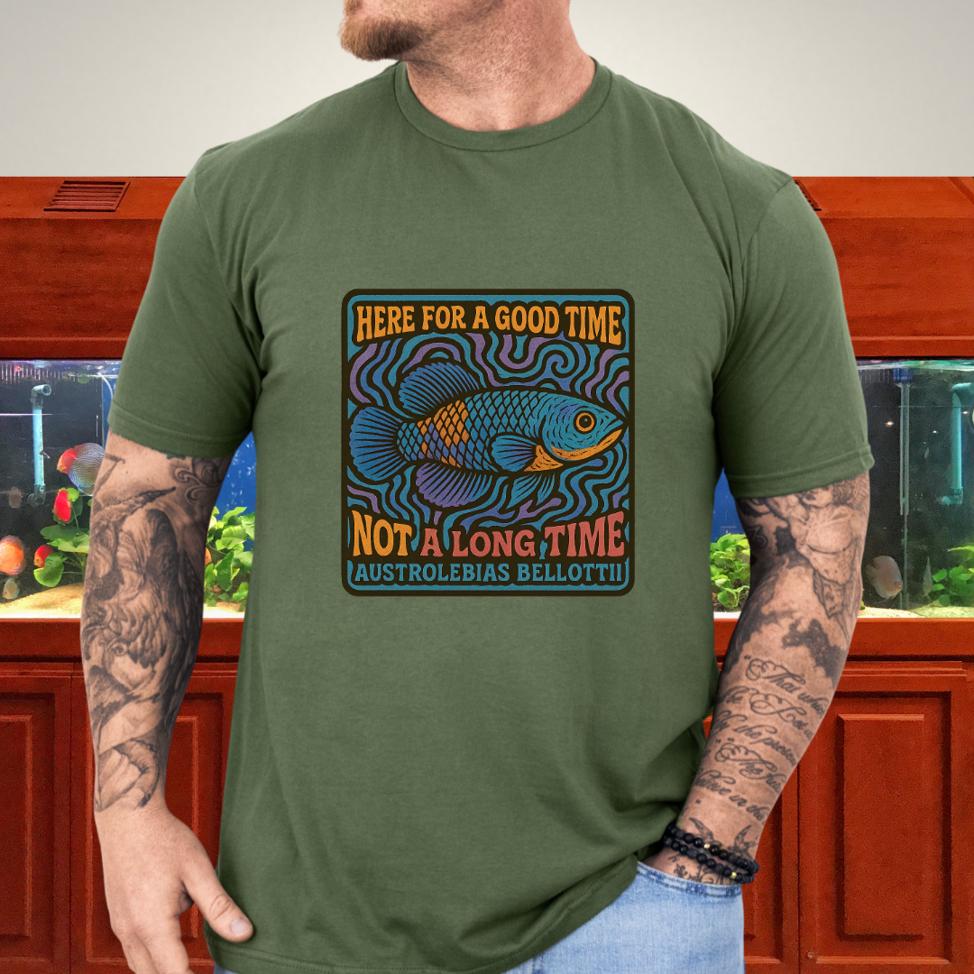 Here for a Good Time Tee – Psychedelic Bellottii Killifish