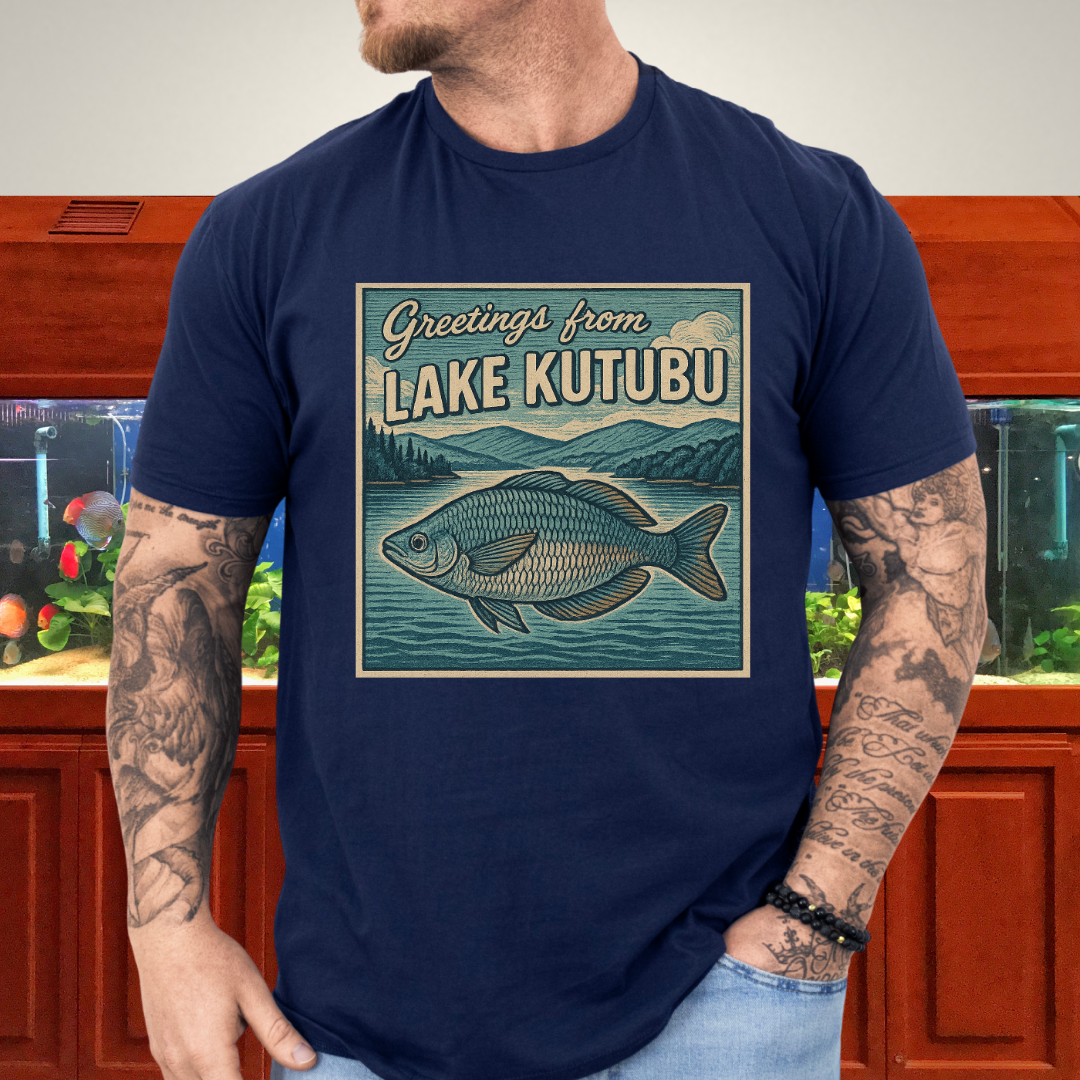 Greetings from Lake Kutubu Tee – Rainbowfish Woodcut Art