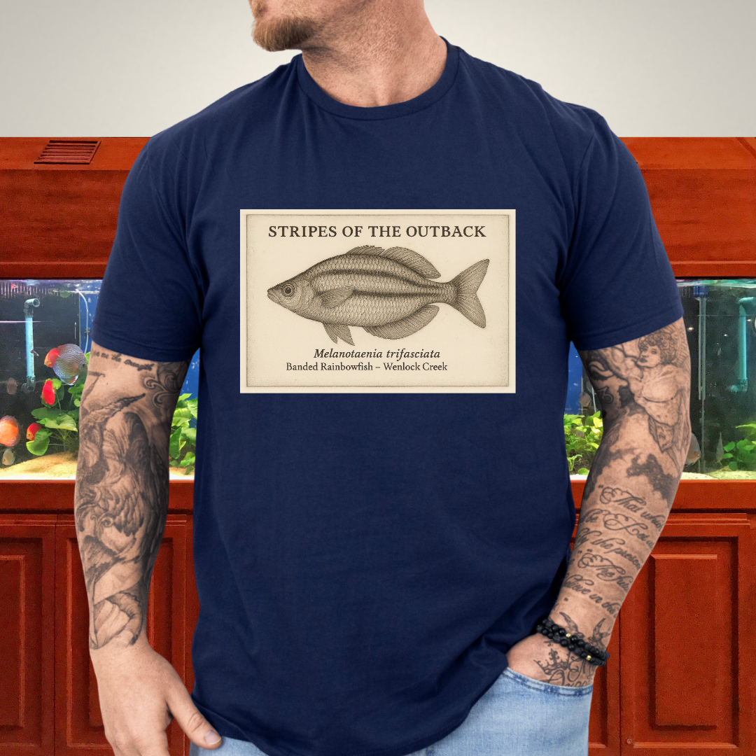 Stripes of the Outback Tee – Banded Rainbowfish Engraving