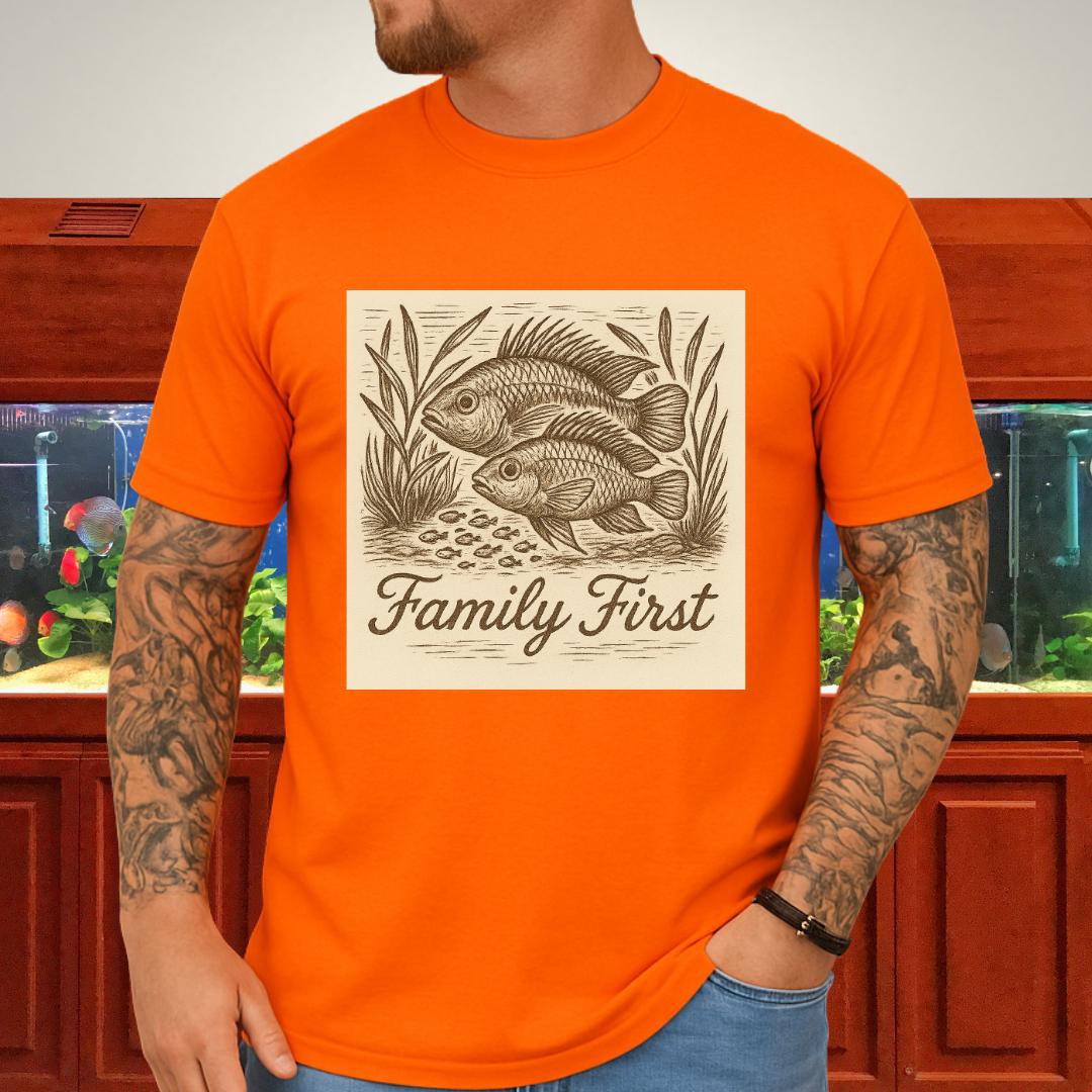Family First Tee – Apistogramma Pair with Fry Nature Woodcut-T-Shirt-Fish & Friends Tees