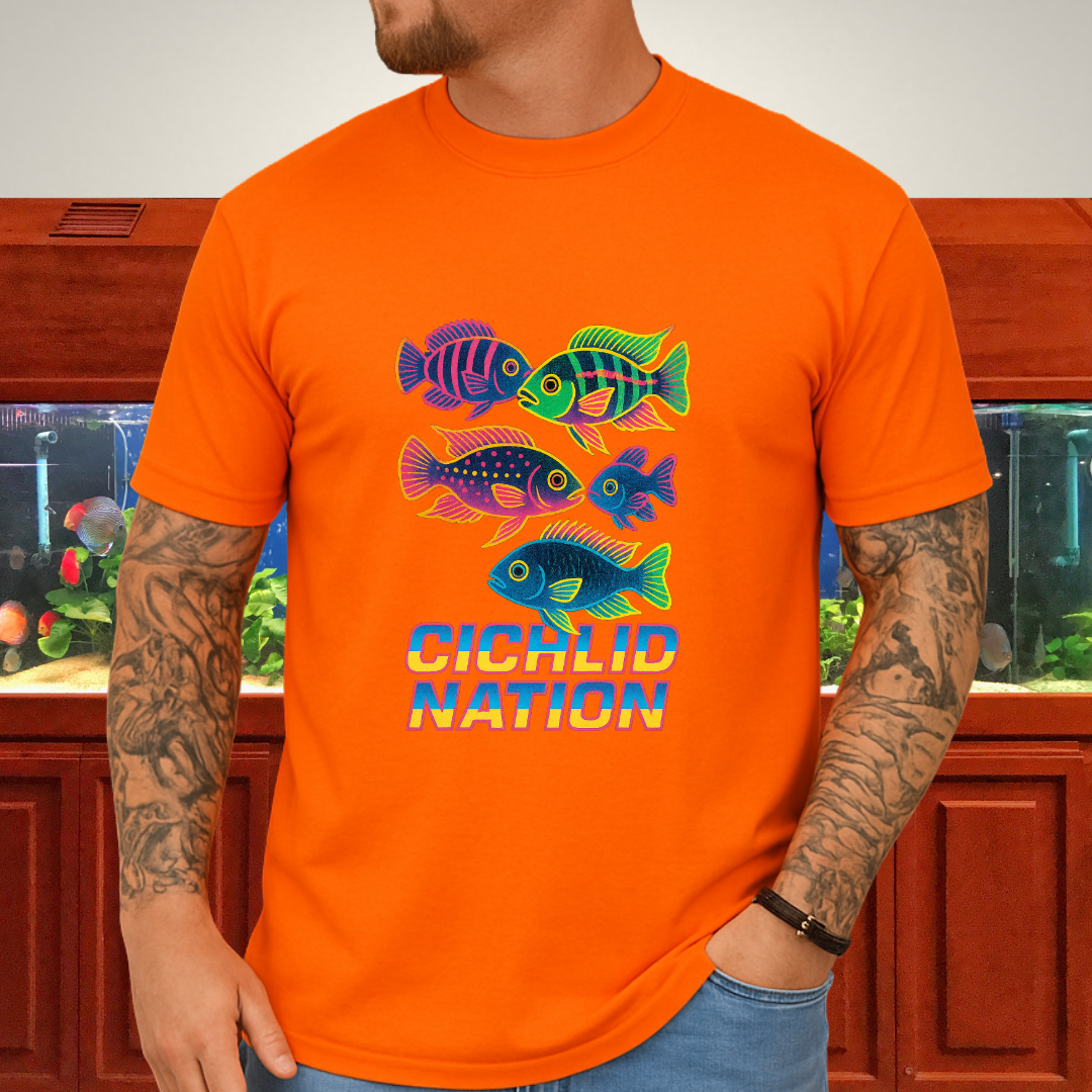 Cichlid Nation Tee – Neon 90s Arcade Aquarium Design