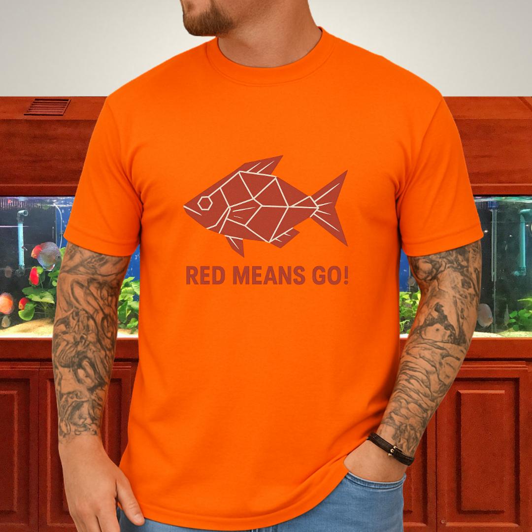 Red Rainbowfish Tee – Geometric “Red Means Go!” Design