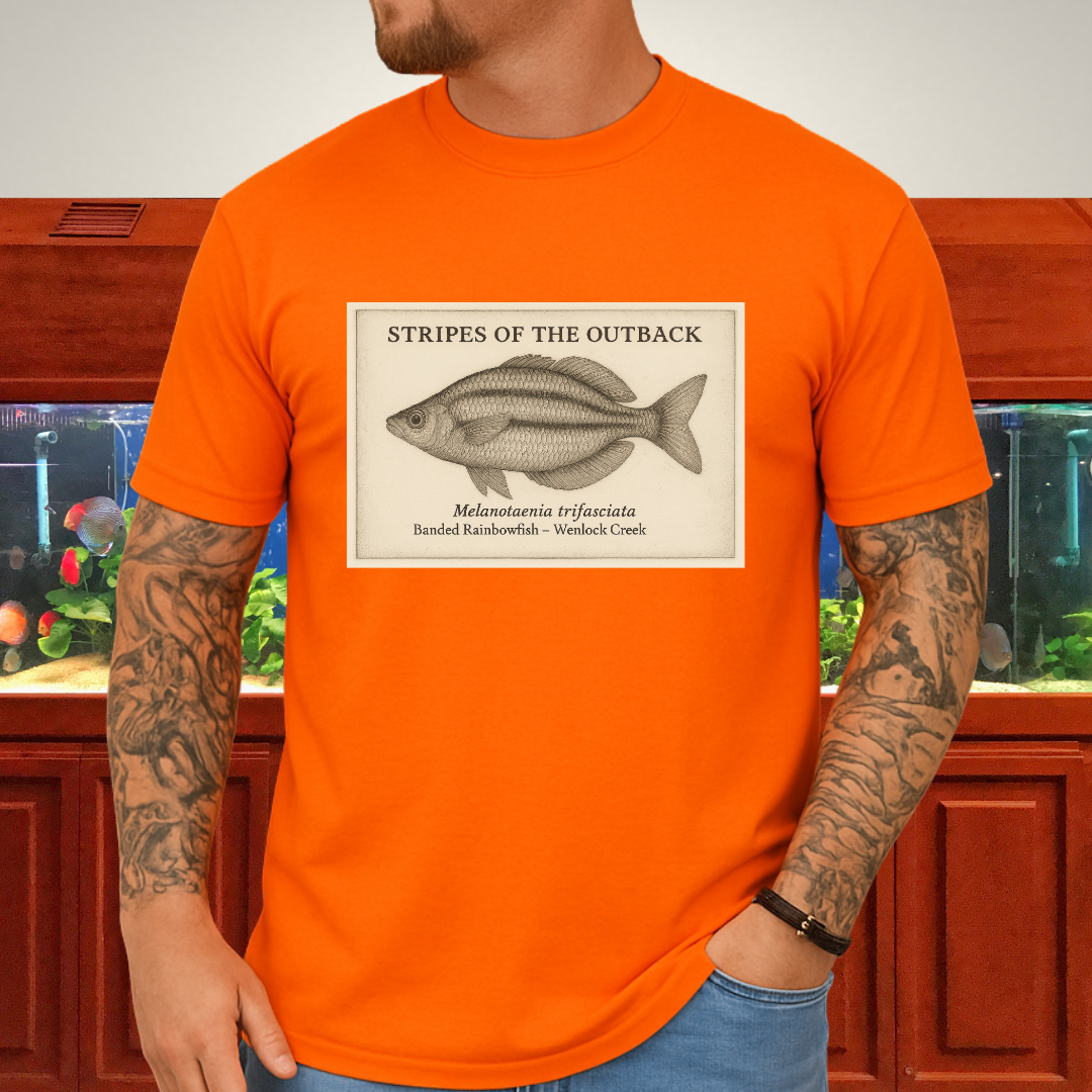 Stripes of the Outback Tee – Banded Rainbowfish Engraving