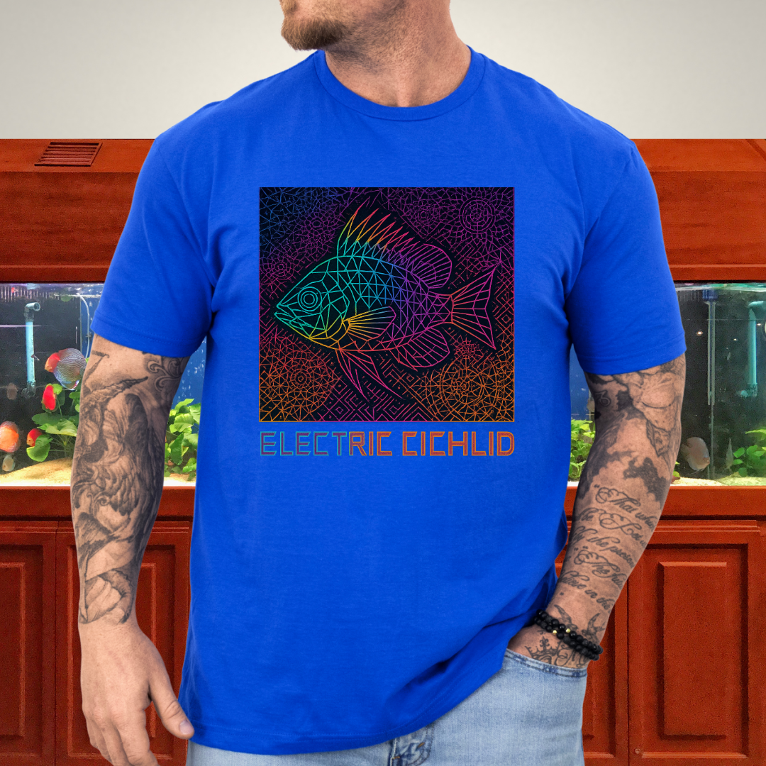 Electric Cichlid Tee – Neon German Blue Ram Geometric Design