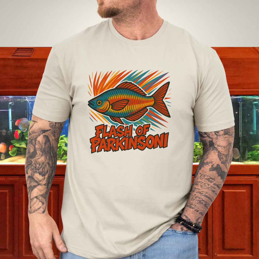 Flash of Parkinsoni T-Shirt – Rainbowfish Explosion Graffiti Design for Tropical Aquarium Fans