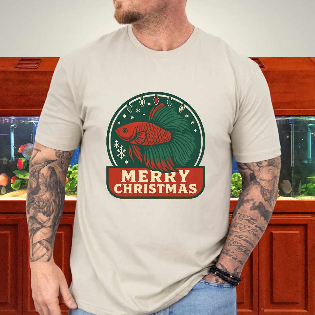 Retro Holiday Betta Fish Emblem Tee – Christmas Lights & Snowflakes-T-Shirt-Fish & Friends Tees
