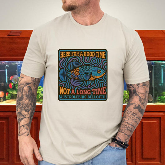 Here for a Good Time Tee – Psychedelic Bellottii Killifish