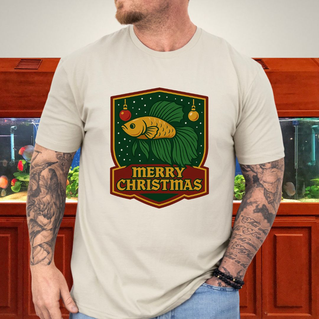 Christmas Betta Shield Tee – Bold Holiday Emblem Design-T-Shirt-Fish & Friends Tees