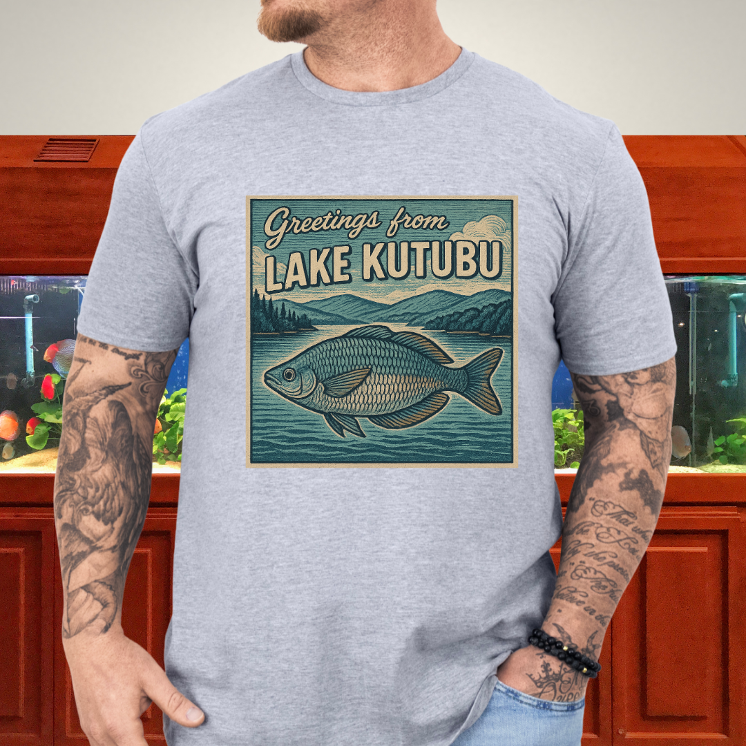 Greetings from Lake Kutubu Tee – Rainbowfish Woodcut Art