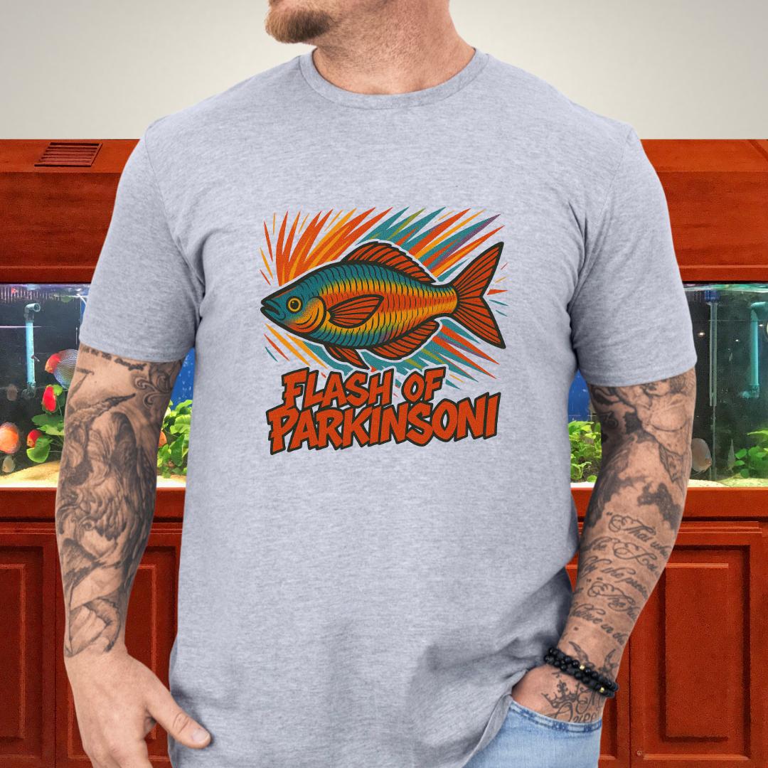Flash of Parkinsoni T-Shirt – Rainbowfish Explosion Graffiti Design for Tropical Aquarium Fans
