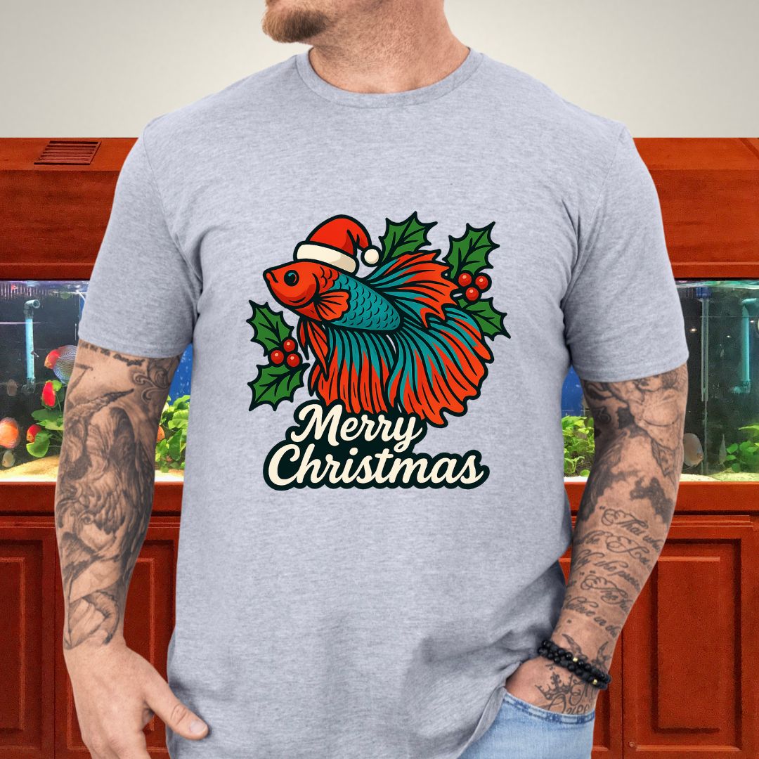 Festive Betta Fish Holiday Tee – Santa Hat & Holly Design-T-Shirt-Fish & Friends Tees