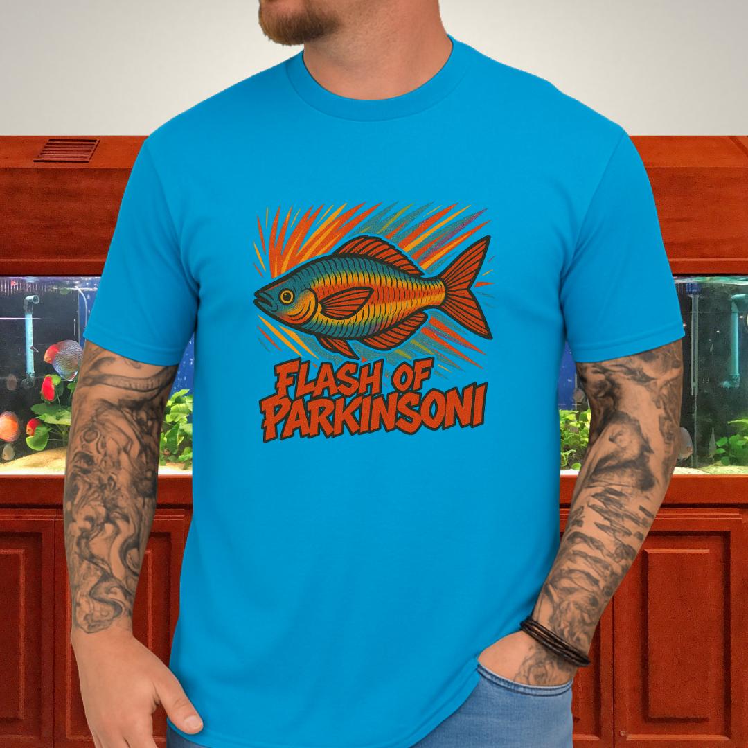 Flash of Parkinsoni T-Shirt – Rainbowfish Explosion Graffiti Design for Tropical Aquarium Fans