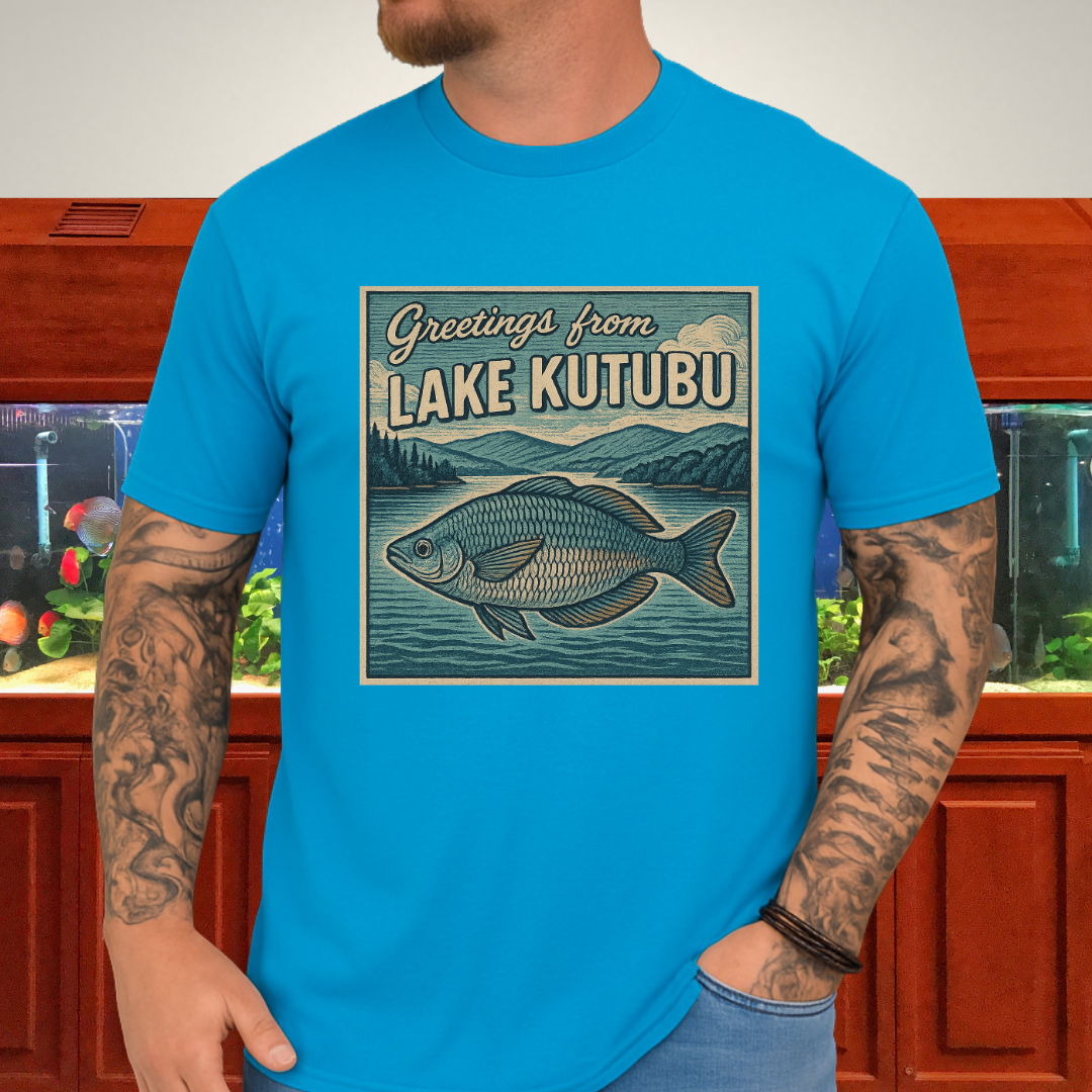 Greetings from Lake Kutubu Tee – Rainbowfish Woodcut Art