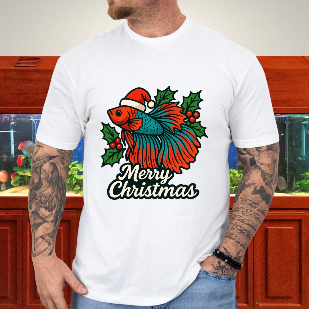Festive Betta Fish Holiday Tee – Santa Hat & Holly Design-T-Shirt-Fish & Friends Tees