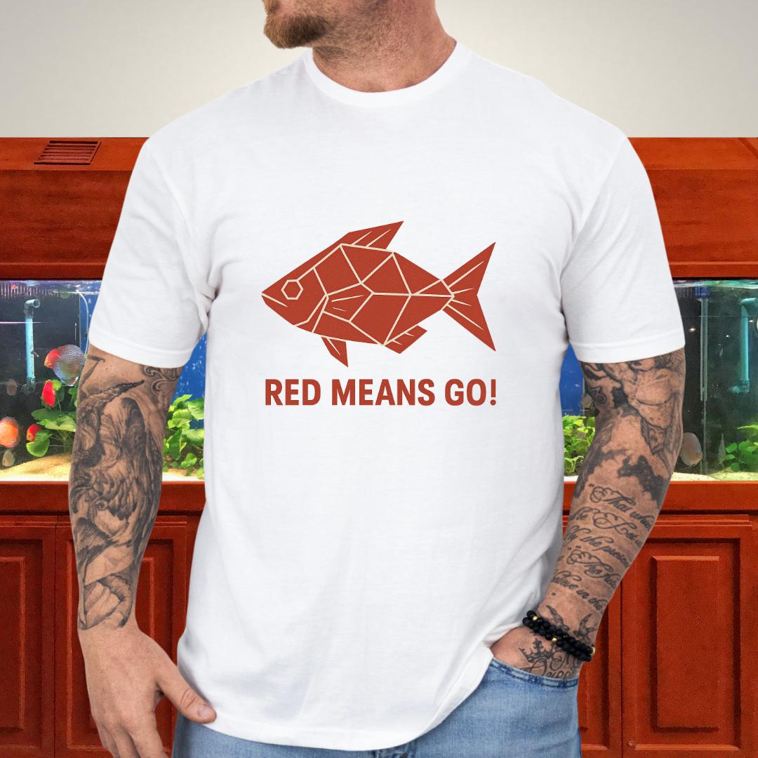 Red Rainbowfish Tee – Geometric “Red Means Go!” Design