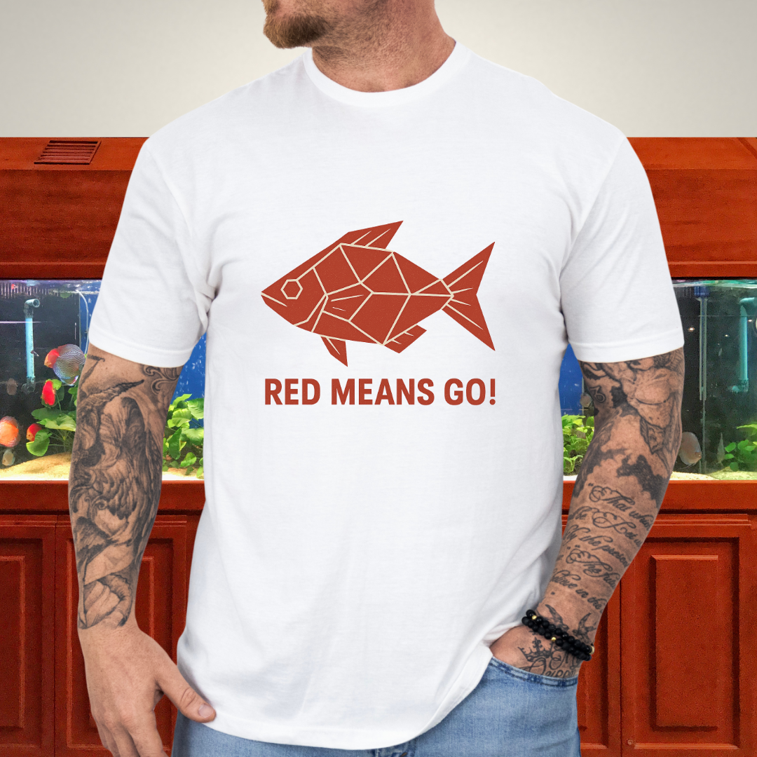 Red Rainbowfish Tee – Geometric “Red Means Go!” Design