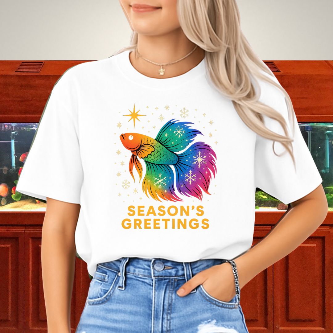 Rainbow Holiday Betta Fish Tee – Festive Star & Snowflake Design-T-Shirt-Fish & Friends Tees