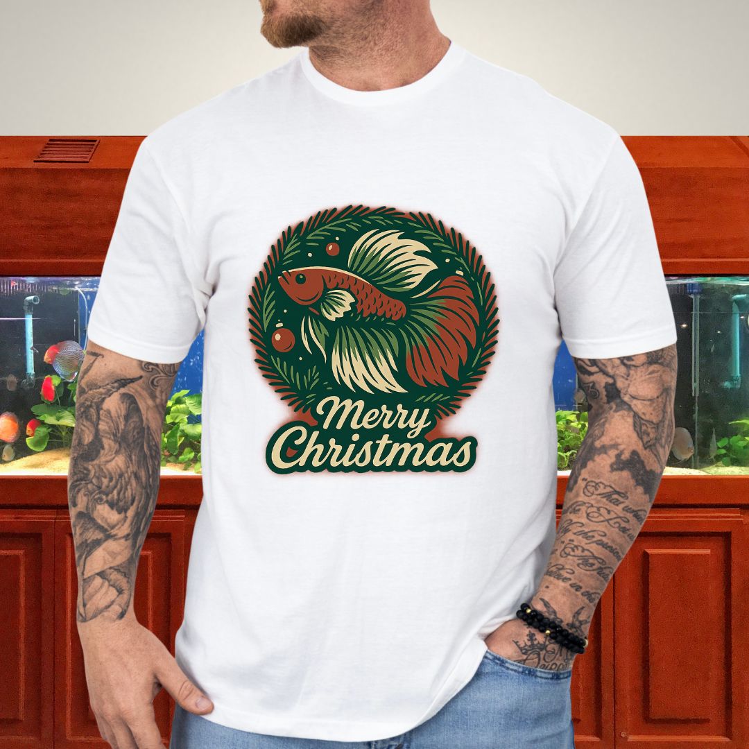 Retro Christmas Betta Fish Tee – Holiday Wreath Postcard Design-T-Shirt-Fish & Friends Tees